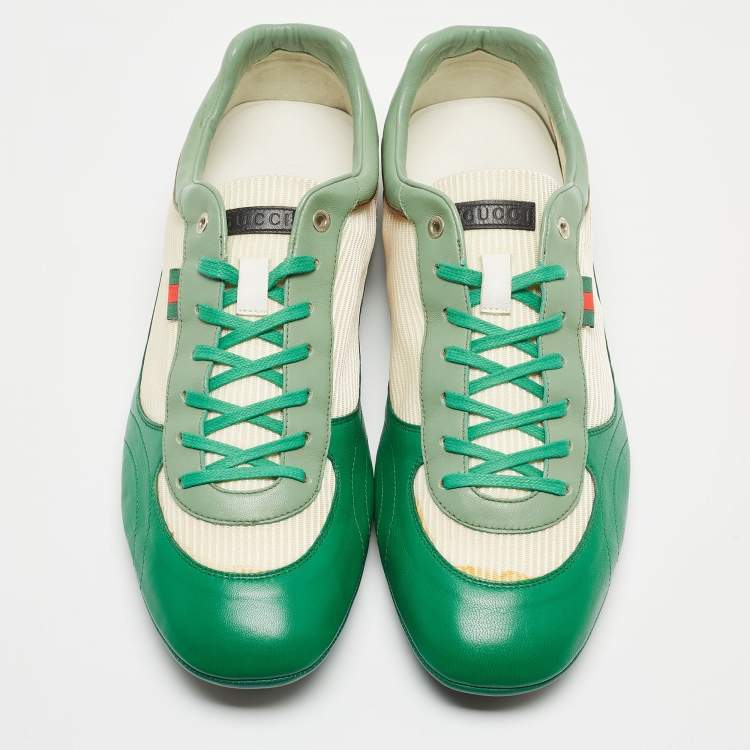 Pre Owned Gucci Green/White Leather and Fabric Low Top Sneakers Size 45.5