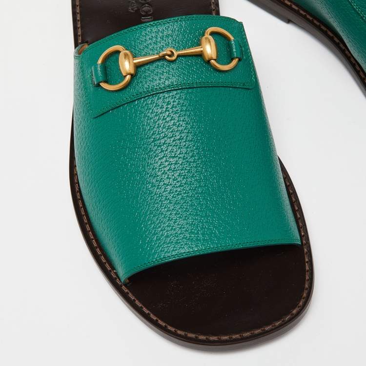 Pre Owned Gucci Green Leather Horsebit Flat Slides Size 44