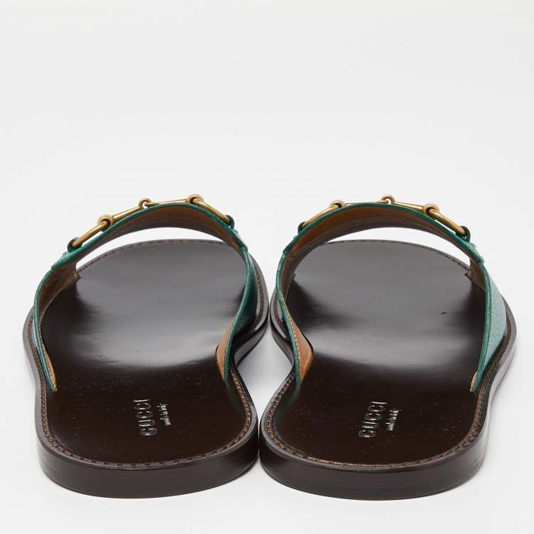 Pre Owned Gucci Green Leather Horsebit Flat Slides Size 44