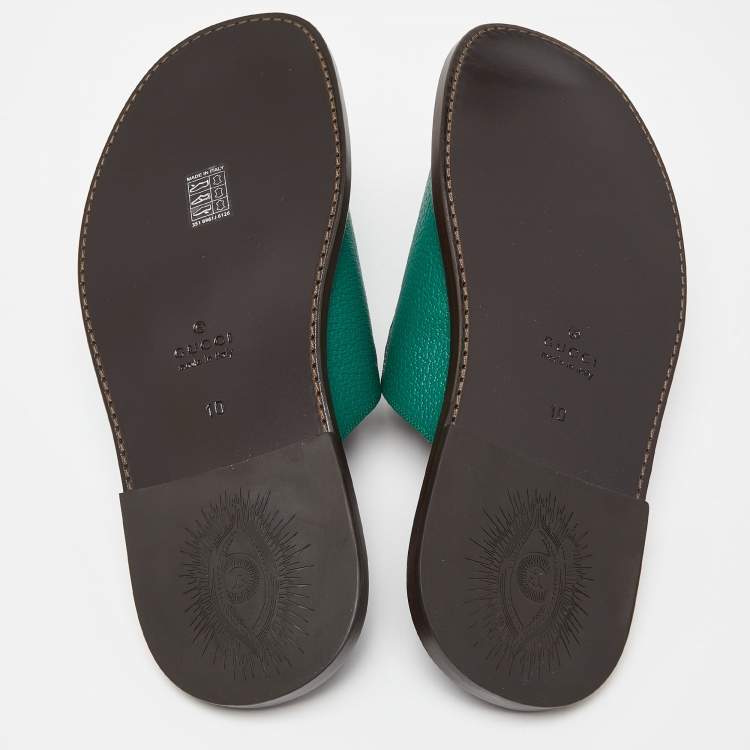 Pre Owned Gucci Green Leather Horsebit Flat Slides Size 44