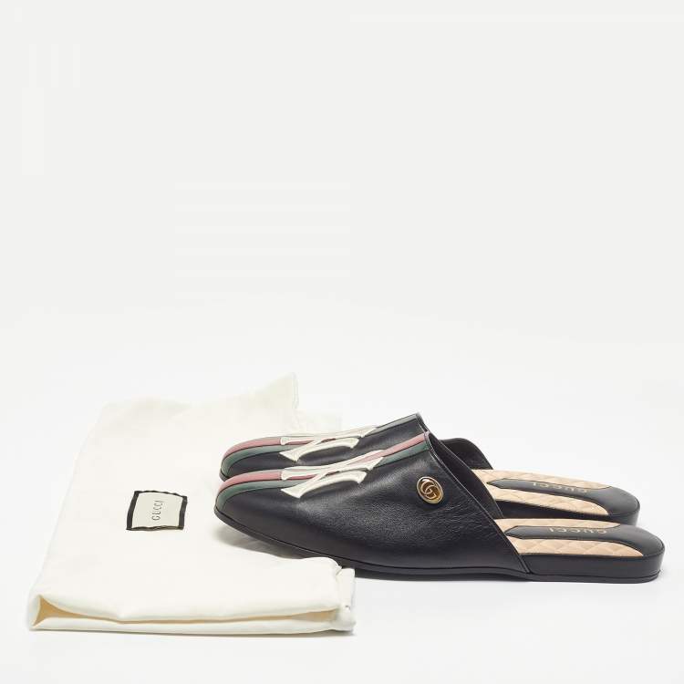 مملوكة مسبقًا Gucci Black Leather NY Yankees Flat Mules Size 44.5