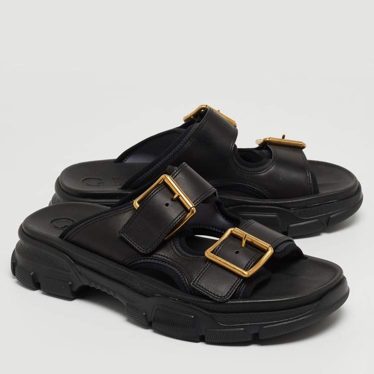 مملوكة مسبقًا Gucci Black Leather Aguru Double Buckle Flat Sandals Size 43.5