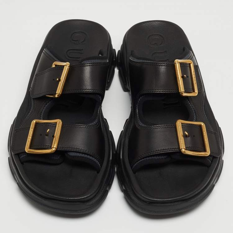 مملوكة مسبقًا Gucci Black Leather Aguru Double Buckle Flat Sandals Size 43.5