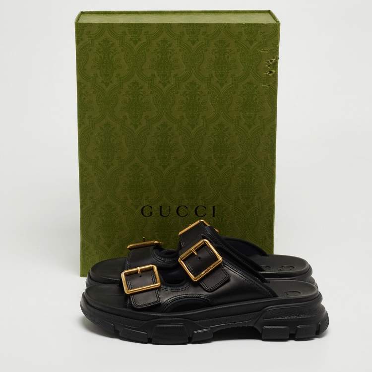 مملوكة مسبقًا Gucci Black Leather Aguru Double Buckle Flat Sandals Size 43.5