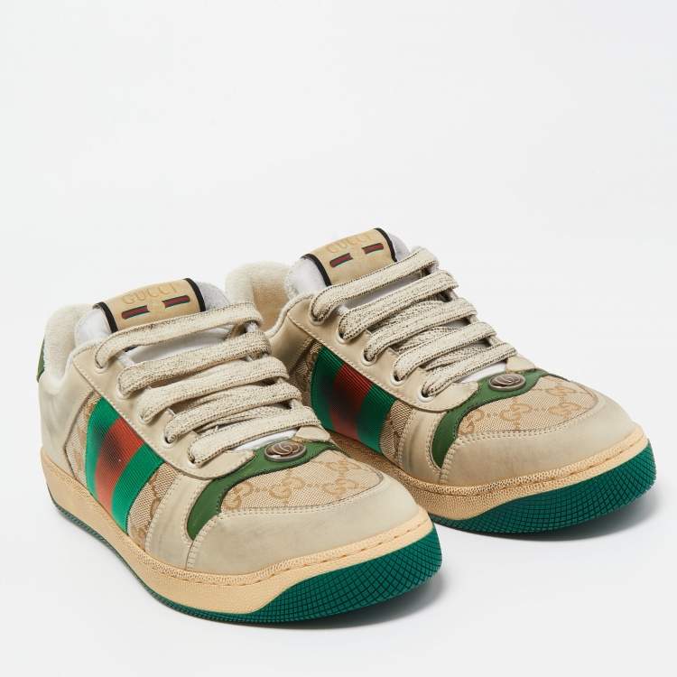 Pre Owned Gucci Beige/Green GG Canvas and Nubuck Leather Screener Low Top Sneakers Size 41.5