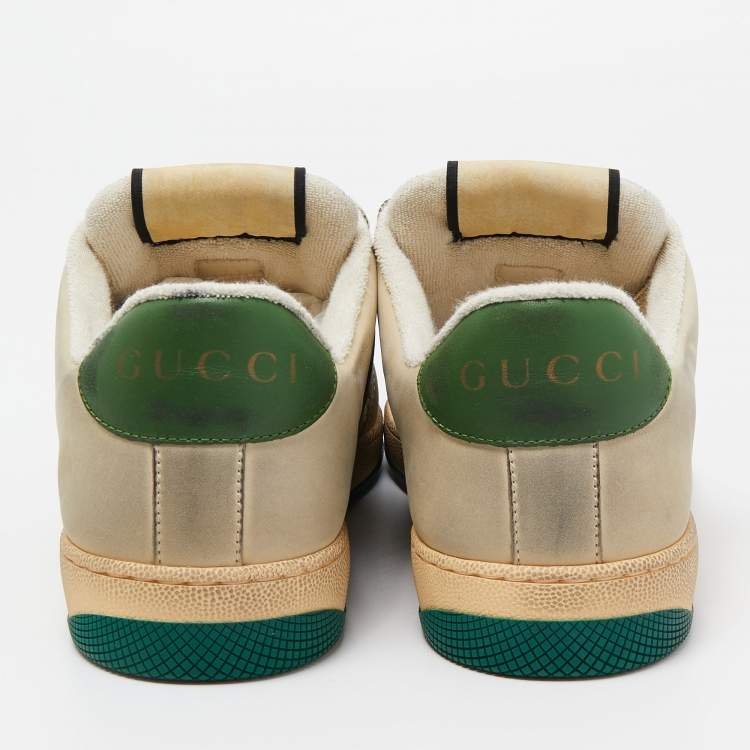 Pre Owned Gucci Beige/Green GG Canvas and Nubuck Leather Screener Low Top Sneakers Size 41.5