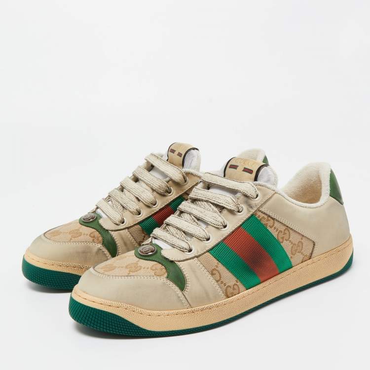 Pre Owned Gucci Beige/Green GG Canvas and Nubuck Leather Screener Low Top Sneakers Size 41.5