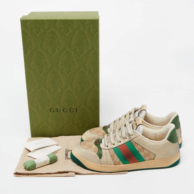 Pre Owned Gucci Beige/Green GG Canvas and Nubuck Leather Screener Low Top Sneakers Size 41.5