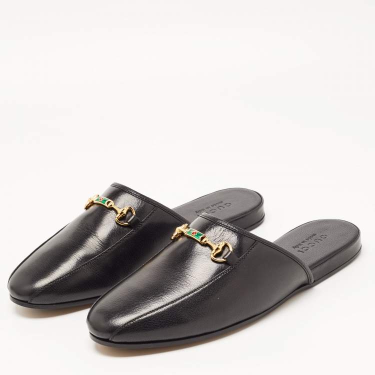 مملوكة مسبقًا Gucci Black Leather Princetown Horsebit Flat Mules Size 45
