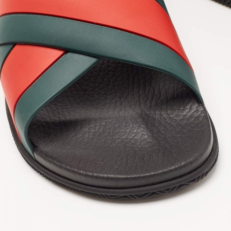 Pre Owned Gucci Red/Green Web Rubber Flat Slides Size 43
