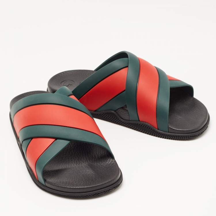 Pre Owned Gucci Red/Green Web Rubber Flat Slides Size 43