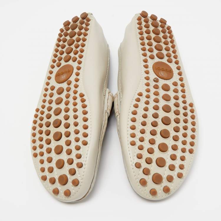 Pre Owned Gucci Cream Leather Web Slip On Loafers Size 43.5