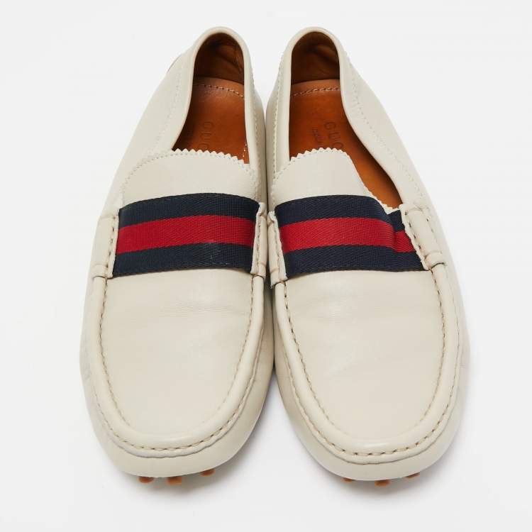 Pre Owned Gucci Cream Leather Web Slip On Loafers Size 43.5
