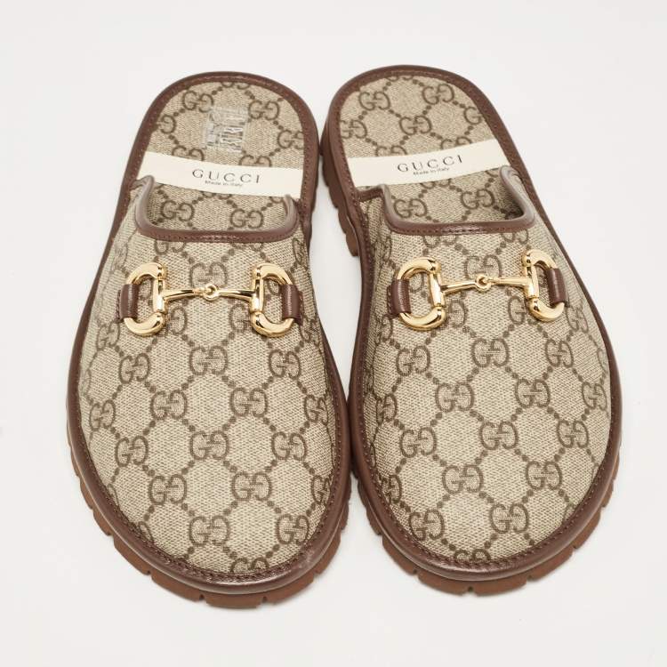 Pre Owned Gucci Beige/Brown GG Supreme Canvas Horsebit Slippers Size 40