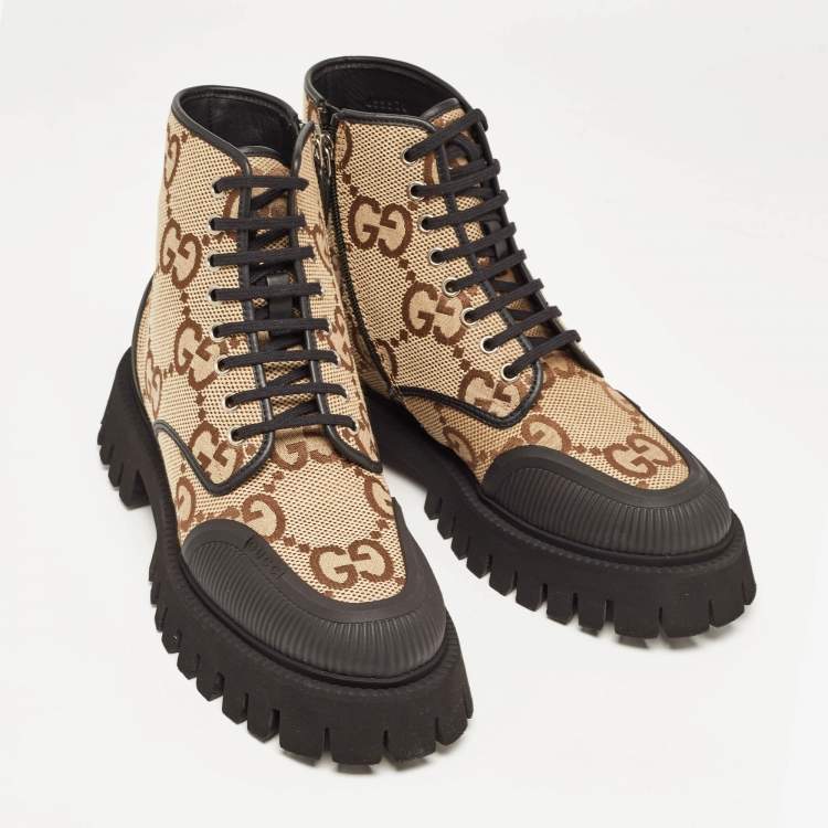 Pre Owned Gucci Beige Jumbo GG Canvas Ankle Boots Size 40.5