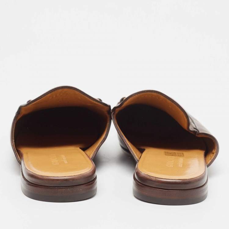 Pre Owned Gucci Dark Brown Leather Princetown Flat Mules Size 42