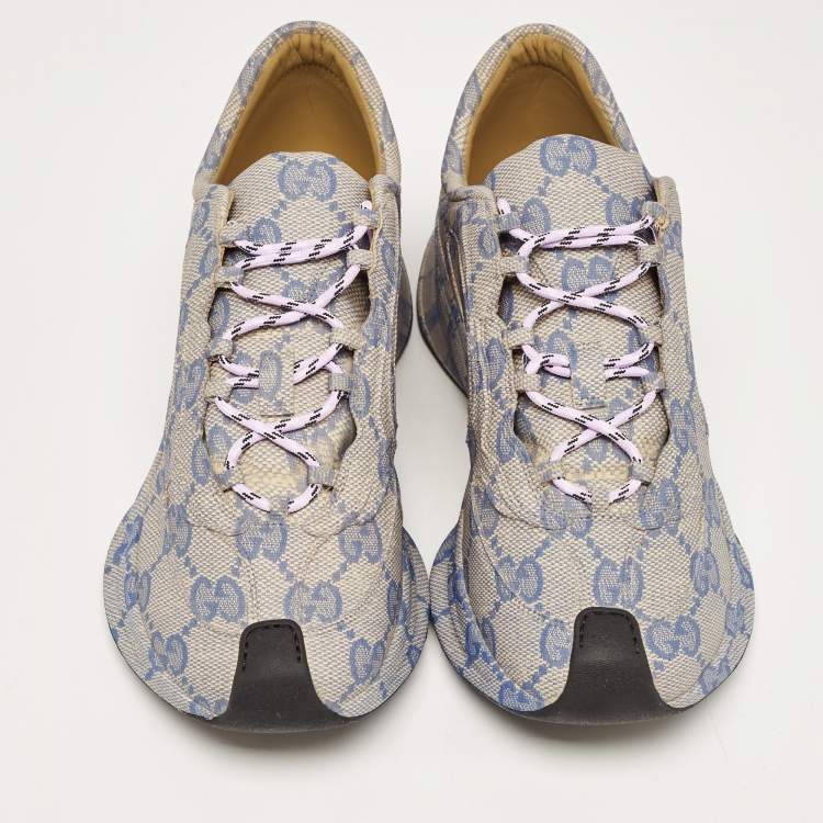 Pre Owned Gucci Beige/Blue GG Printed Leather Run Sneakers Size 42.5
