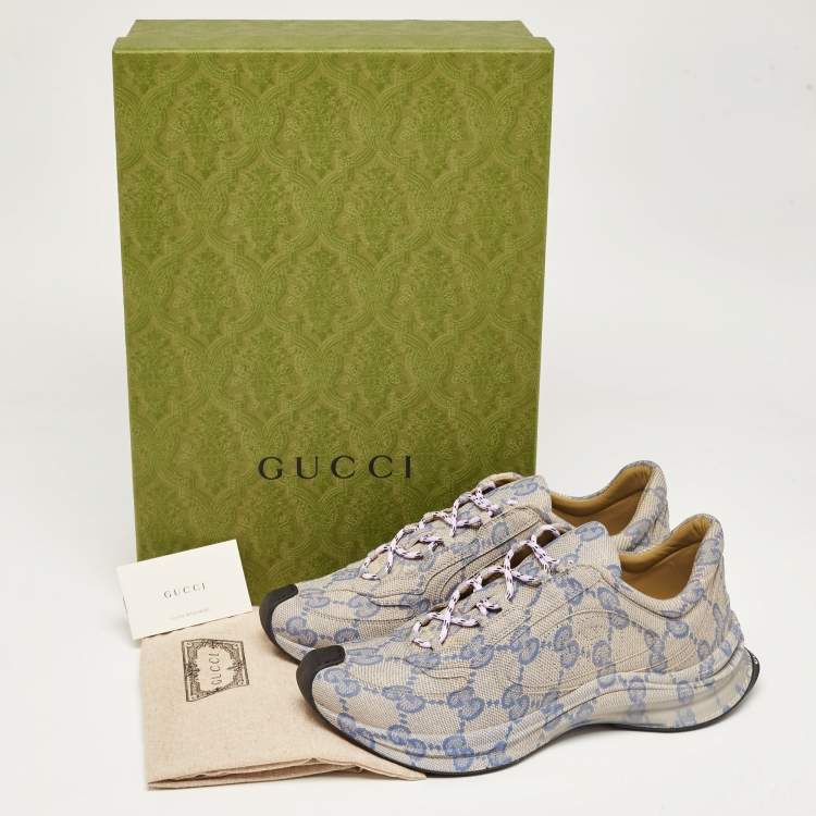 Pre Owned Gucci Beige/Blue GG Printed Leather Run Sneakers Size 42.5