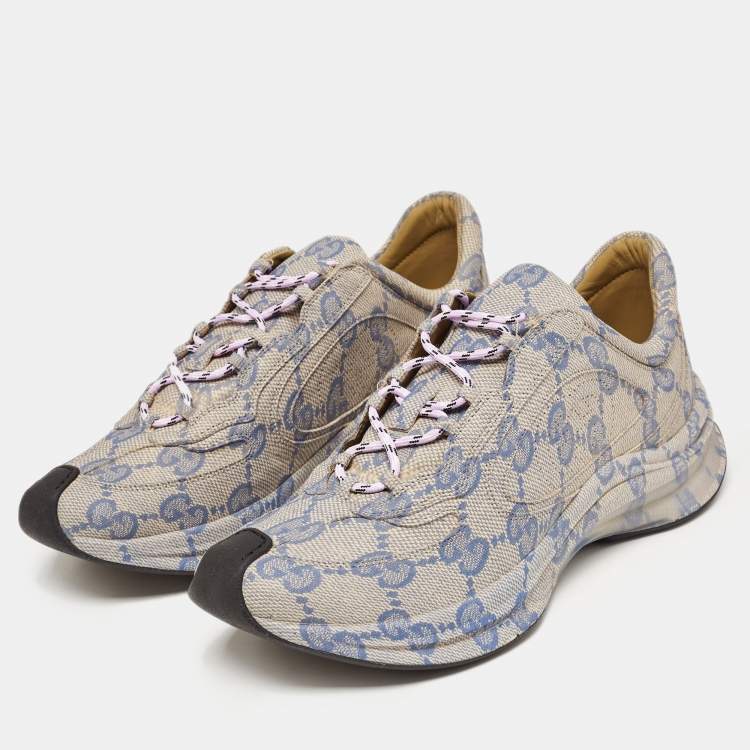 Pre Owned Gucci Beige/Blue GG Printed Leather Run Sneakers Size 44
