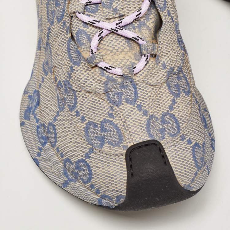 Pre Owned Gucci Beige/Blue GG Printed Leather Run Sneakers Size 44