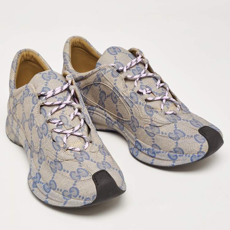 Pre Owned Gucci Beige/Blue GG Printed Leather Run Sneakers Size 44