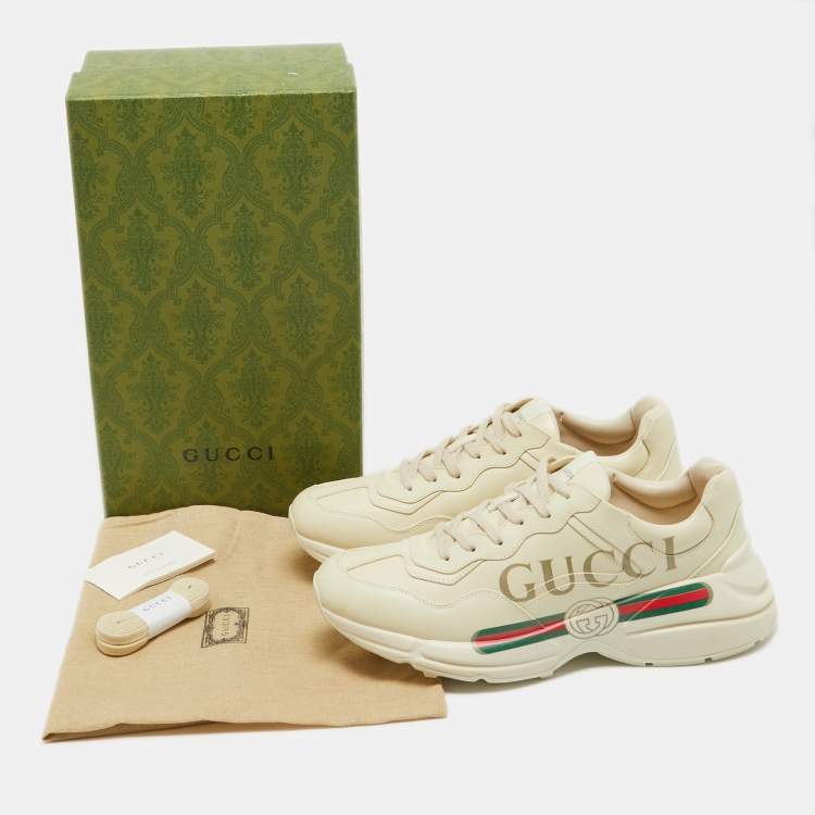 Pre Owned Gucci Cream Leather Logo Print Rhyton Sneakers Size 45