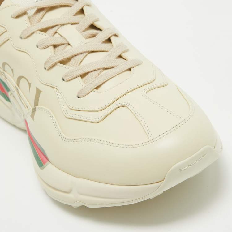Pre Owned Gucci Cream Leather Logo Print Rhyton Sneakers Size 45