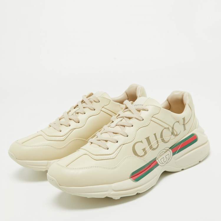Pre Owned Gucci Cream Leather Logo Print Rhyton Sneakers Size 45