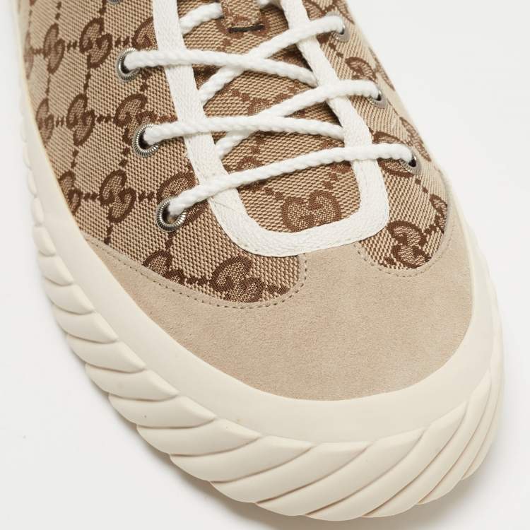 مملوكة مسبقًا Gucci Beige Canvas and Suede Low Top Sneakers Size 46