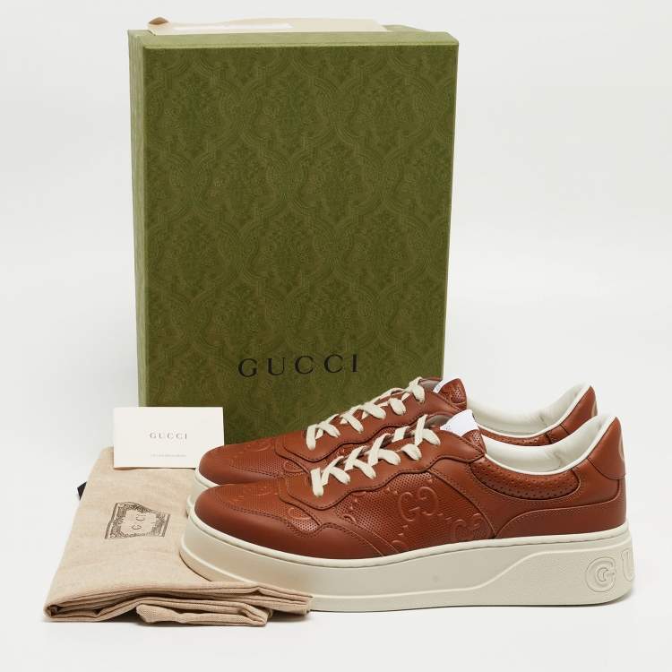 مملوكة مسبقًا Gucci Brown Jumbo GG Embossed Leather Low Top Sneakers Size 45 