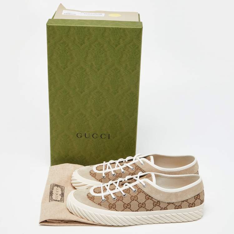 Pre Owned Gucci Gucci Brown/Beige GG Canvas and Suede Sneakers Size 43.5