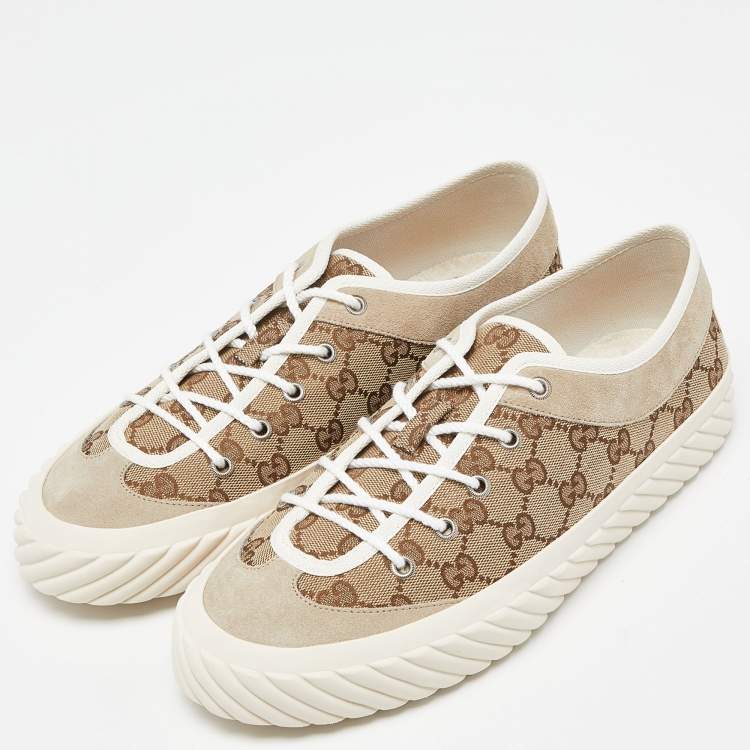 Pre Owned Gucci Gucci Brown/Beige GG Canvas and Suede Sneakers Size 43.5