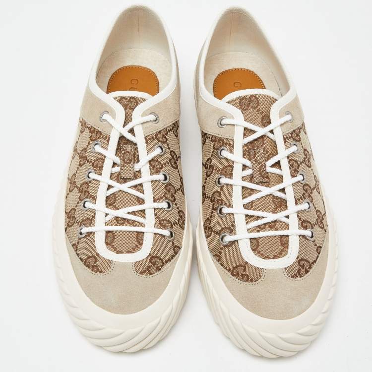 Pre Owned Gucci Gucci Brown/Beige GG Canvas and Suede Sneakers Size 43.5