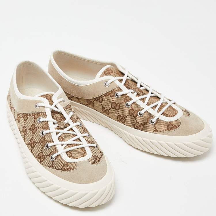 Pre Owned Gucci Gucci Brown/Beige GG Canvas and Suede Sneakers Size 43.5