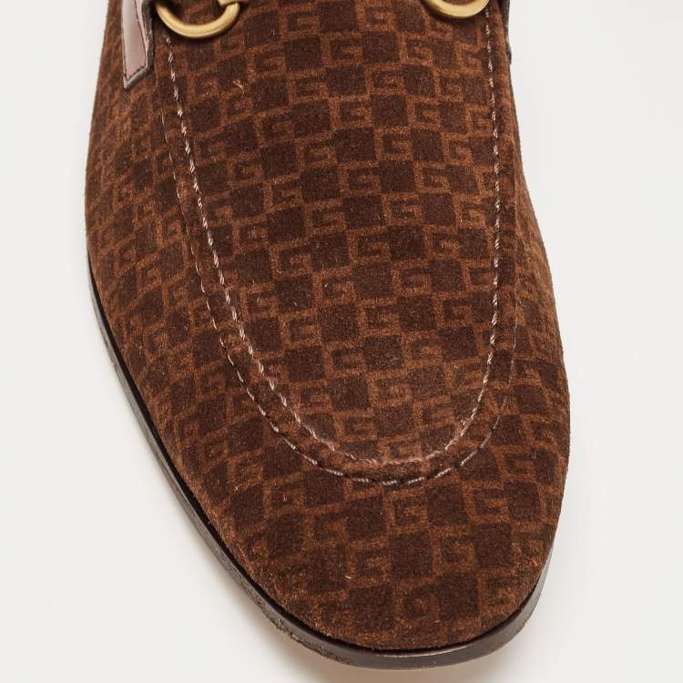 Pre Owned Gucci Brown Mini G Cube Suede Jordaan Loafers Size 44.5