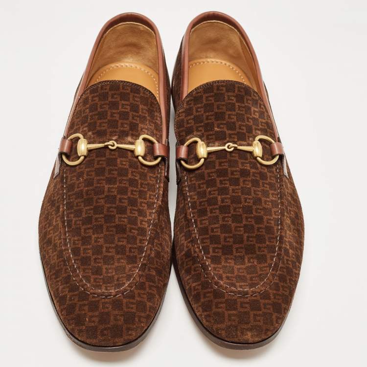 Pre Owned Gucci Brown Mini G Cube Suede Jordaan Loafers Size 44.5