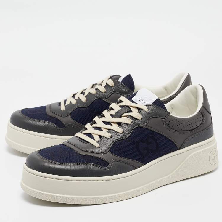 Pre Owned Gucci Blue/Grey Jumbo GG Canvas and Leather Low Top Sneakers Size 44.5