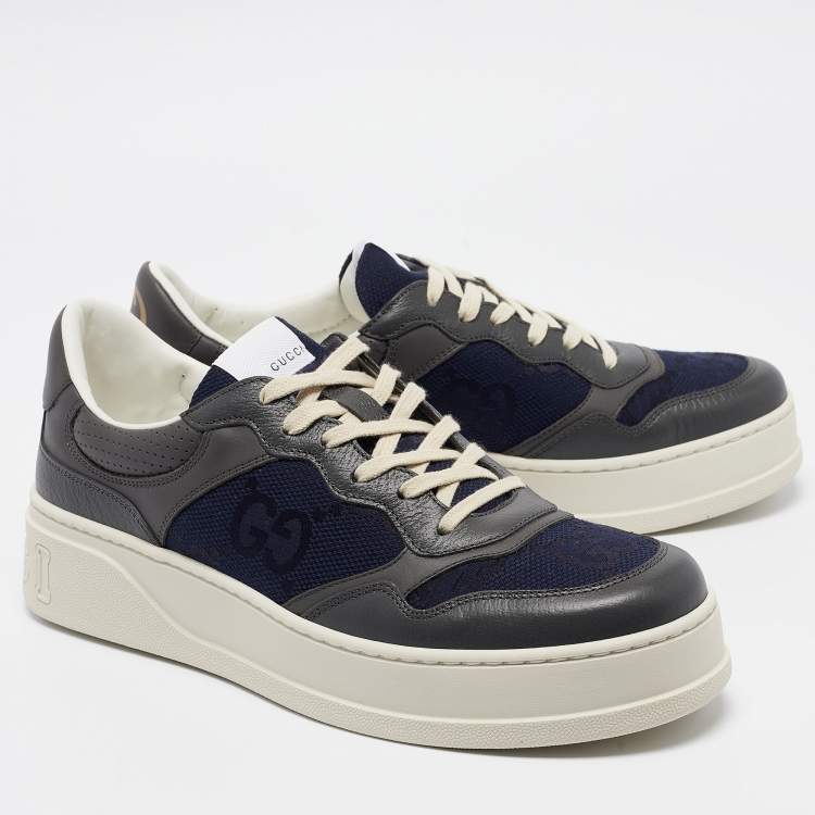 Pre Owned Gucci Blue/Grey Jumbo GG Canvas and Leather Low Top Sneakers Size 44.5