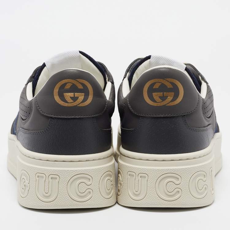 Pre Owned Gucci Blue/Grey Jumbo GG Canvas and Leather Low Top Sneakers Size 44.5