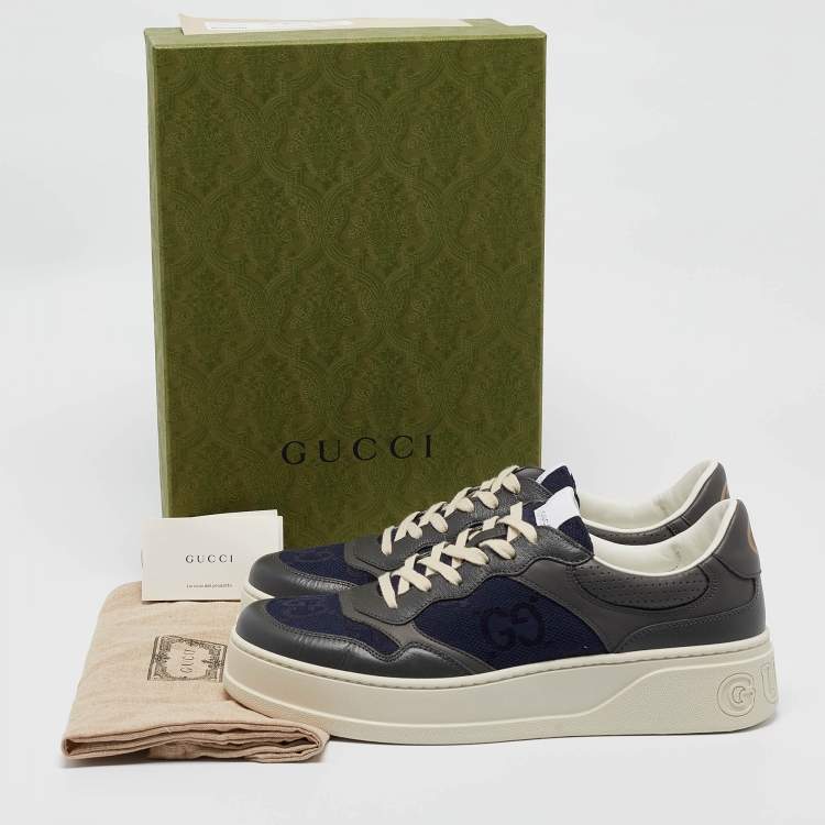Pre Owned Gucci Blue/Grey Jumbo GG Canvas and Leather Low Top Sneakers Size 44.5