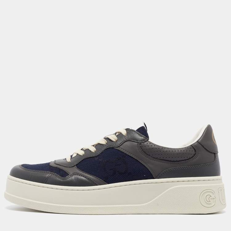 Pre Owned Gucci Blue/Grey Jumbo GG Canvas and Leather Low Top Sneakers Size 44.5