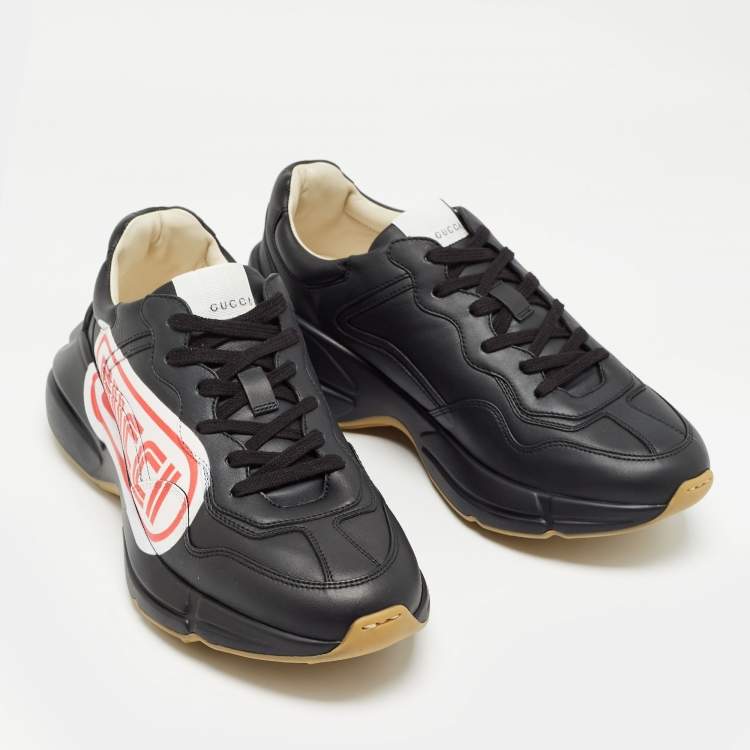 Pre Owned Gucci Black Leather Logo Rhyton Sneakers Size 41
