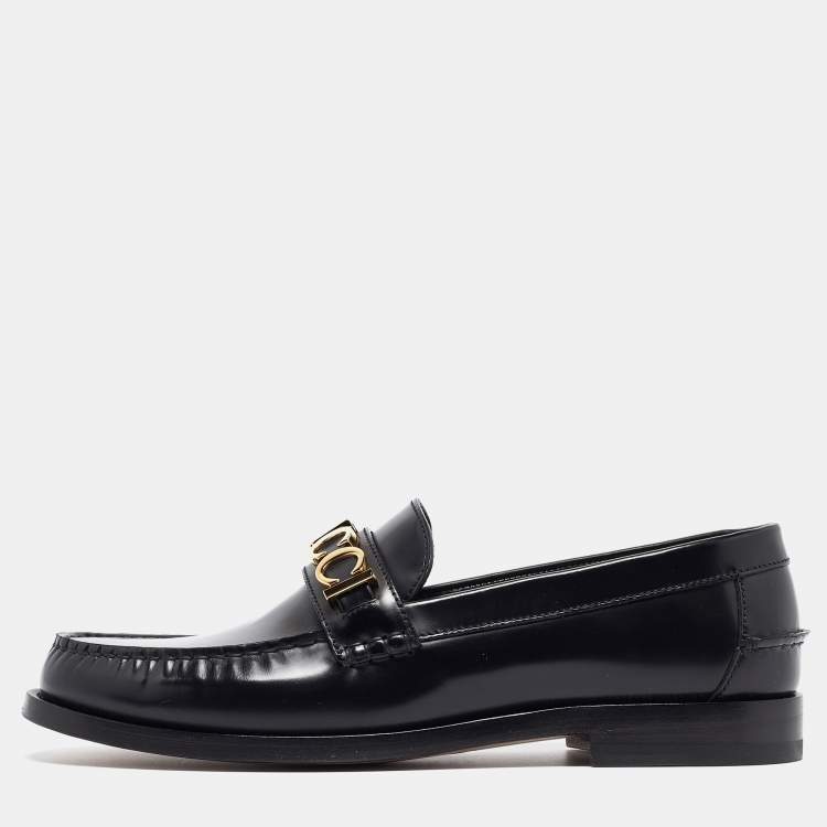 Pre Owned Gucci Black Leather Logo Embellished Cara Loafers Size 43.5