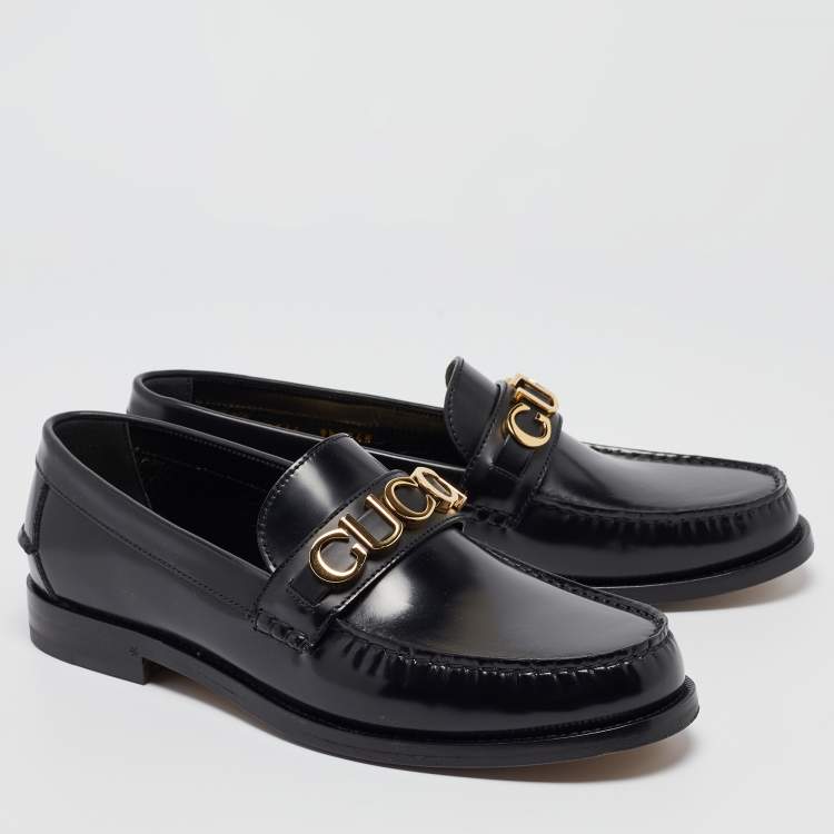 Pre Owned Gucci Black Leather Logo Embellished Cara Loafers Size 43.5