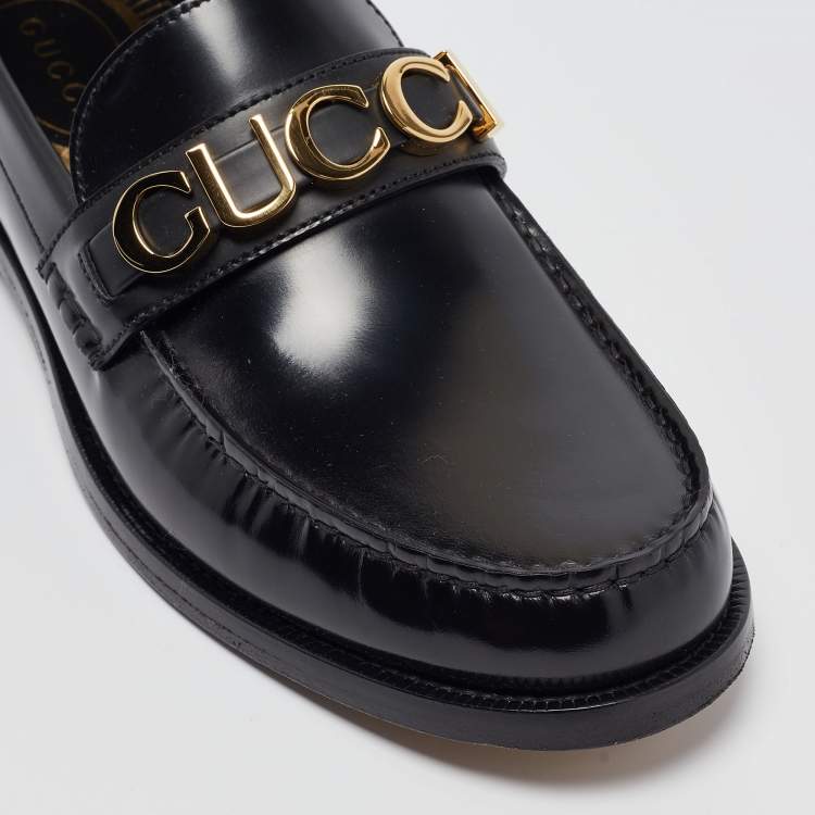 Pre Owned Gucci Black Leather Logo Embellished Cara Loafers Size 43.5
