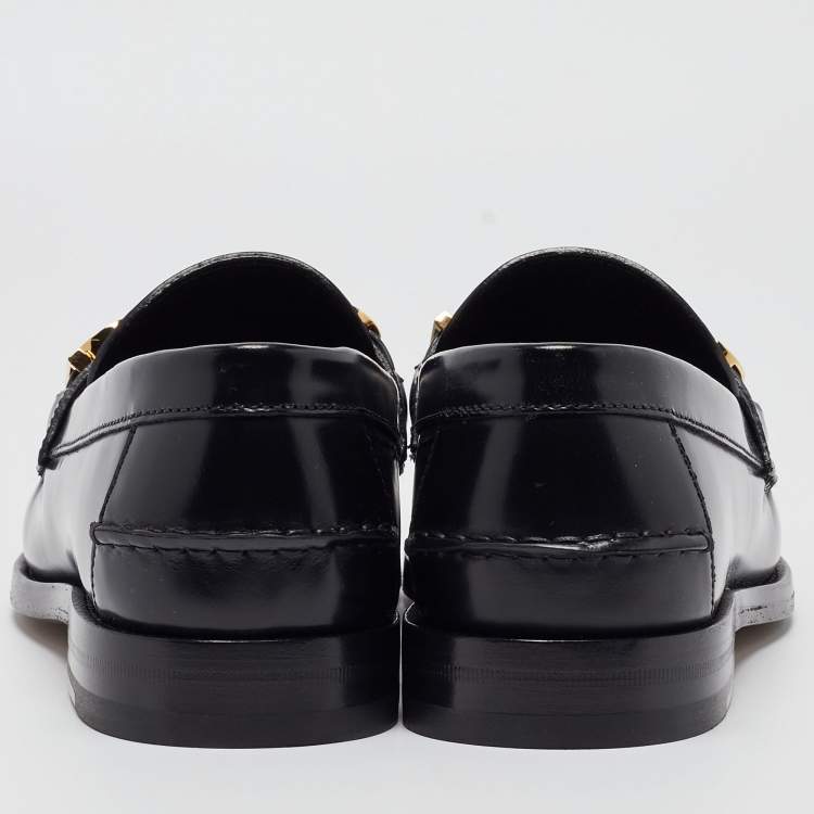 Pre Owned Gucci Black Leather Logo Embellished Cara Loafers Size 43.5