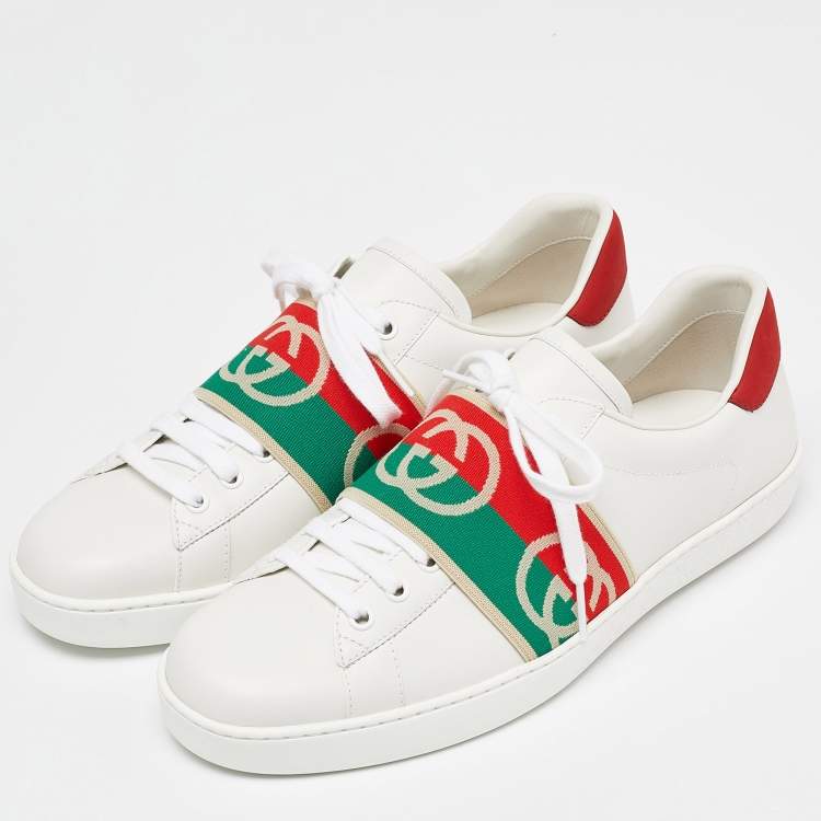 Pre Owned Gucci White Leather Ace Elastic Web Low Top Sneakers Size 43
