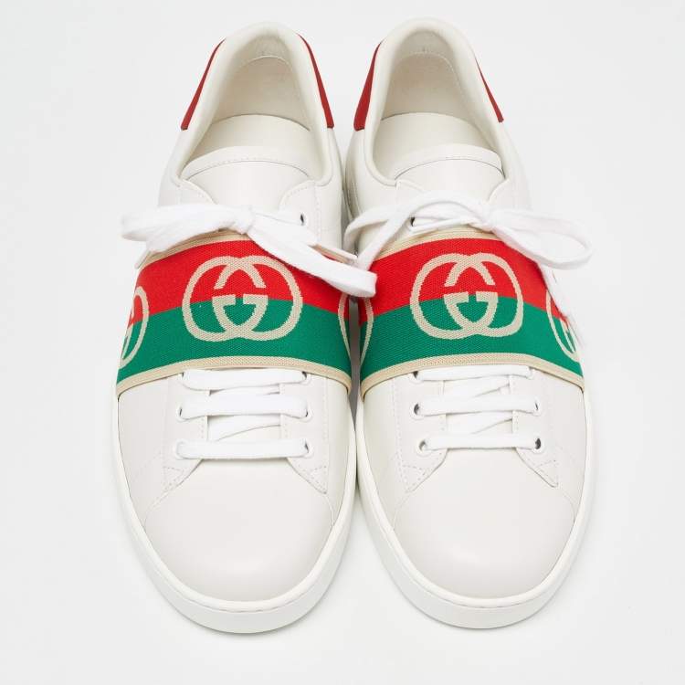 Pre Owned Gucci White Leather Ace Elastic Web Low Top Sneakers Size 43