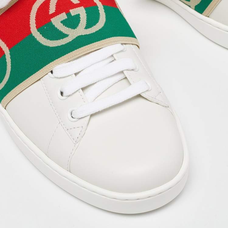 Pre Owned Gucci White Leather Ace Elastic Web Low Top Sneakers Size 43