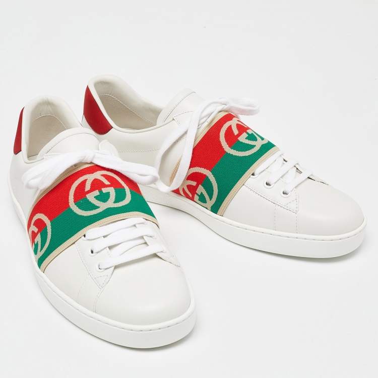 Pre Owned Gucci White Leather Ace Elastic Web Low Top Sneakers Size 43
